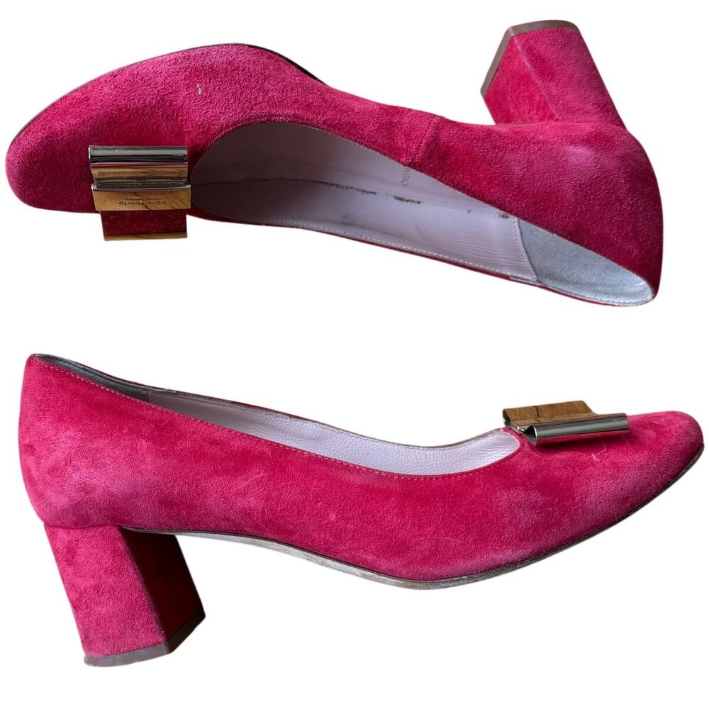 Kate Spade Red Suede Dijon Gold Metal Bow Block Heel Size 6 Classic Preppy Chic - Picture 8 of 15